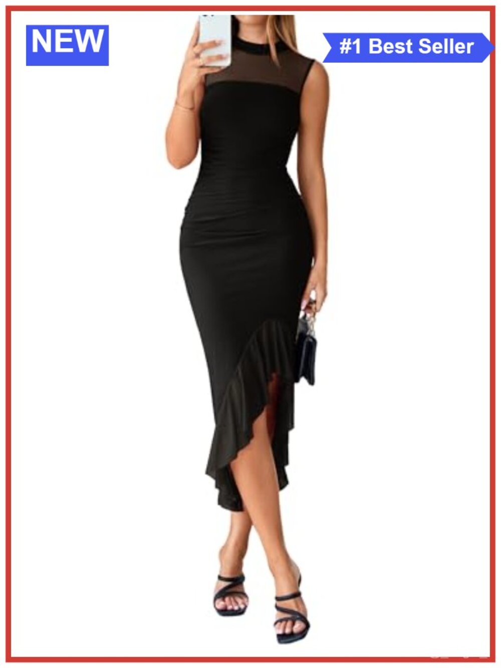 Sleeveless Bodycon Maxi Dress Ruched Mesh Ruffle Hem Party